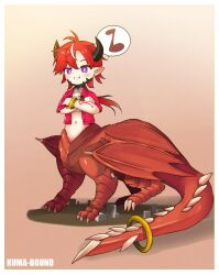 Rule 34 | 1girl, absurdres, arm tattoo, artist name, bandeau, brown background, centauroid, chinese commentary, claws, commentary request, crossed arms, dragon girl, dragon tail, earrings, flat chest, full body, grin, hair between eyes, highres, horns, jewelry, kuma-bound, monster girl, multicolored hair, musical note, navel, open clothes, open shirt, original, pointy ears, purple eyes, red hair, red shirt, shadow, shirt, short sleeves, smile, solo, spoken musical note, standing, standing on three legs, stomach, streaked hair, stud earrings, tail, tail ornament, tail ring, tattoo, taur, teeth, two-tone hair, white bandeau, white hair, wristlet