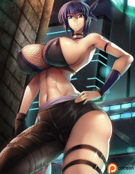 Rule 34 | 1girl, armpit peek, artist request, ayane (doa), breasts, cleavage, dead or alive, hand on own hip, highres, huge breasts, looking at viewer, navel, patreon, patreon logo, purple hair, red eyes, short hair, sideboob, smile, tecmo, thighhighs, thighs, toned