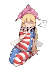 Rule 34 | 1girl, ?, american flag dress, american flag legwear, bad id, bad twitter id, blonde hair, blush, clownpiece, constricted pupils, dress, fairy wings, full body, hat, highres, jester cap, long hair, looking at viewer, neck ruff, nervous smile, pantyhose, polka dot, purple hat, short sleeves, simple background, sitting, smile, solo, soya6479, spoken question mark, star (symbol), star print, striped, sweatdrop, touhou, very long hair, white background, wings, yellow eyes