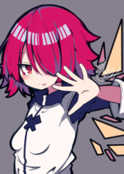 Rule 34 | 1girl, :p, arknights, beni shake, breasts, closed mouth, commentary request, exusiai (arknights), grey background, hair over one eye, hand up, jacket, long sleeves, looking at viewer, red eyes, red hair, signature, simple background, small breasts, smile, solo, tongue, tongue out, upper body, white jacket, wings