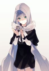 Rule 34 | 1girl, aqua eyes, black capelet, black dress, cape, capelet, closed mouth, cowboy shot, dress, fate (series), gray (fate), highres, long sleeves, looking at viewer, lord el-melloi ii case files, ricell, short dress, short hair, silver hair, simple background, smile, solo, standing, white background, white cape