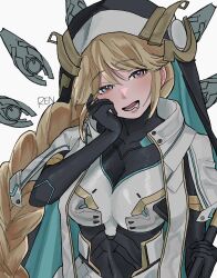 Rule 34 | 1girl, :d, armor, armored bodysuit, artist name, black robe, blonde hair, blue eyes, braid, breastplate, breasts, detached wings, eli clark suki, goddess of victory: nikke, hand on own cheek, hand on own face, heart, heart-shaped pupils, highres, large breasts, long hair, looking at viewer, open mouth, rapunzel (nikke), robe, simple background, smile, solo, symbol-shaped pupils, veil, very long hair, white background, wings