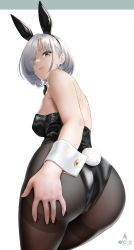 Rule 34 | 1girl, absurdres, animal ears, artist logo, ass, breasts, closed mouth, commentary, eyes visible through hair, grey hair, highres, huge ass, infinote, leotard, lips, looking at viewer, medium breasts, open mouth, original, oversized breast cup, pantyhose, playboy bunny, sashou mihiro, short hair, simple background, smile, solo, strapless, strapless leotard, symbol-only commentary, tail, thick thighs, thighs