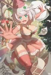Rule 34 | 1girl, adapted costume, ahoge, blush, boots, breasts, christmas, christmas ornaments, christmas tree, clover, dress, elbow gloves, elphelt valentine, four-leaf clover, fur-trimmed dress, fur-trimmed headwear, fur trim, gloves, green eyes, guilty gear, guilty gear strive, hairband, hat, highres, huge ahoge, large breasts, looking at viewer, merry christmas, open mouth, pink dress, pink footwear, pink gloves, sack, santa dress, santa hat, short hair, skull, spiked hairband, spikes, thigh boots, white hair, yatchdevil