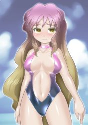 Rule 34 | 1girl, alternate costume, bare arms, bare shoulders, blonde hair, blush, breasts, casual one-piece swimsuit, center opening, choker, closed mouth, collarbone, cowboy shot, eyelashes, frown, gluteal fold, gradient clothes, gradient hair, hijiri byakuren, large breasts, long hair, multicolored hair, navel, one-piece swimsuit, pink choker, purple hair, raised eyebrows, sidelocks, solo, standing, stomach, swimsuit, touhou, very long hair, wavy hair, winn, yellow eyes