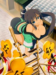 Rule 34 | 1girl, absurdres, all fours, ass, bare shoulders, bent over, blue eyes, breasts, brown hair, building, cleavage, dark-skinned female, dark skin, downblouse, female focus, full body, green shirt, highres, homura (senran kagura), ladder, large breasts, long hair, looking at viewer, no bra, off shoulder, open mouth, outdoors, parted lips, ponytail, red ribbon, ribbon, senran kagura, shirt, smile, socks, solo, tan, tanline, third-party edit, white socks, yaegashi nan, yellow ribbon
