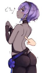 Rule 34 | 1girl, ^^^, ass, back, back focus, backless outfit, blush, commentary request, cowboy shot, dark-skinned female, dark skin, fate/prototype, fate/prototype: fragments of blue and silver, fate (series), fingerless gloves, fingers together, from behind, gloves, hassan of serenity (fate), highres, looking back, plan (planhaplalan), purple eyes, purple hair, short hair, solo, tickling, tickling back, white background