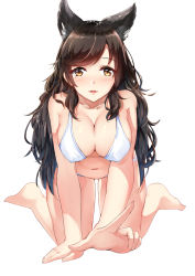 Rule 34 | 1girl, all fours, alternate costume, animal ears, atago (azur lane), azur lane, bikini, black hair, blush, breasts, brown eyes, chahei, collarbone, extra ears, hair ribbon, highres, large breasts, long hair, looking at viewer, mole, mole under eye, navel, open mouth, ribbon, sidelocks, simple background, smile, solo, stomach, swimsuit, tareme, thighs, very long hair, white background, white bikini, white ribbon