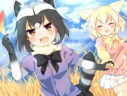 Rule 34 | 10s, 2girls, :d, animal ears, black bow, black bowtie, black skirt, blonde hair, blush, bow, bowtie, brown eyes, closed eyes, commentary request, common raccoon (kemono friends), day, feathers, fennec (kemono friends), fur collar, holding, holding feather, holding hands, karasusou nano, kemono friends, looking at viewer, multicolored hair, multiple girls, nature, open mouth, outdoors, pleated skirt, short hair, short sleeves, skirt, smile, streaked hair, sunlight, tail, thighhighs, two-tone hair, v-shaped eyebrows, white legwear, white skirt, yellow bow, yellow bowtie, zettai ryouiki