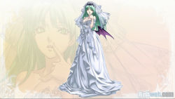 Rule 34 | 1girl, :o, alternate costume, aqua hair, bare shoulders, bat wings, breasts, bridal veil, bride, capcom, cleavage, cross edge, demon girl, detached sleeves, dress, finger to mouth, frills, green eyes, hair ornament, lace, large breasts, long hair, morrigan aensland, nakamura tatsunori, off shoulder, official art, official wallpaper, open mouth, pointing, see-through, solo, standing, vampire (game), veil, wallpaper, watermark, wedding dress, wings, zoom layer