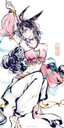 Rule 34 | 1girl, animal ears, arm up, baggy pants, banchang xiansheng, bare shoulders, black hair, braid, braided ponytail, closed mouth, dancer, douluo dalu, earrings, full body, highres, ink (medium), jewelry, legs up, long hair, looking to the side, navel, pants, pink top, rabbit ears, traditional media, white background, white pants, xiao wu (douluo dalu)