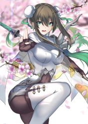 Rule 34 | 1girl, armor, bodysuit, breasts, brown hair, bun cover, cape, cherry blossoms, chinese clothes, commentary request, double bun, fate/grand order, fate (series), fighting stance, fingerless gloves, gloves, green eyes, hair between eyes, hair bun, highres, karlwolf, large breasts, leg up, looking at viewer, open mouth, polearm, qin liangyu (fate), see-through, sidelocks, skin tight, solo, sword, sword behind back, weapon, white cape, white legwear
