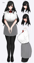 Rule 34 | 1girl, ahegao, black hair, black pantyhose, blush, breasts, character sheet, commentary request, full body, highres, large breasts, loafers, long hair, original, pantyhose, pleated skirt, red eyes, school uniform, senju (snz0), shoes, simple background, skirt, tongue, tongue out