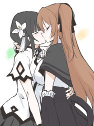 Rule 34 | 2girls, arm around shoulder, arm around waist, arm cutout, assault lily, black capelet, black hair, black ribbon, black skirt, blunt bangs, breasts, brown hair, capelet, clothing cutout, commentary, detached sleeves, face-to-face, flower, from side, hair between eyes, hair flower, hair ornament, hair over shoulder, hair ribbon, hair scrunchie, hand in another&#039;s hair, hand on another&#039;s back, high-waist skirt, highres, kiss, kuo shenlin, large breasts, light blush, long hair, multiple girls, one side up, pleated skirt, profile, ribbon, school uniform, scrunchie, shirt, short sleeves, simple background, skirt, standing, tassel, tassel hair ornament, urutsu sahari, very long hair, wang yujia, white background, white flower, white scrunchie, white shirt, yuri, yurigaoka girls academy school uniform
