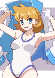 Rule 34 | 1girl, 34 (sanjushi), blue eyes, blush, breasts, cowboy shot, creatures (company), game freak, jacket, legs, misty (pokemon), nintendo, one-piece swimsuit, open clothes, open jacket, open mouth, orange hair, pokemon, pokemon hgss, simple background, smile, solo, standing, swimsuit, swimsuit under clothes, thighs, white background, white jacket, white one-piece swimsuit, wide hips