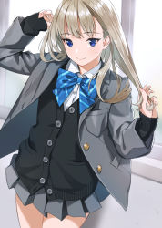Rule 34 | 1girl, black cardigan, blazer, blue bow, blue eyes, bow, cardigan, closed mouth, collared shirt, commentary request, cowboy shot, diagonal-striped bow, doushimasho, dress shirt, grey jacket, grey skirt, highres, jacket, light brown hair, long hair, long sleeves, open clothes, open jacket, original, pleated skirt, school uniform, shirt, skirt, sleeves past wrists, smile, solo, striped, striped bow, white shirt, window