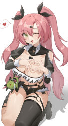 Rule 34 | 1girl, ;d, absurdres, bare shoulders, black footwear, black shorts, black thighhighs, blush, boots, breasts, cleavage, clothing cutout, green eyes, heart, heart hands, highres, huahu (unstoppable), large breasts, long hair, long sleeves, looking at viewer, micro shorts, nicole demara, one eye closed, open mouth, pink hair, seiza, shadow, shorts, shoulder cutout, simple background, single thighhigh, sitting, smile, solo, strapless, thighhighs, thighs, tube top, two side up, very long hair, white background, zenless zone zero