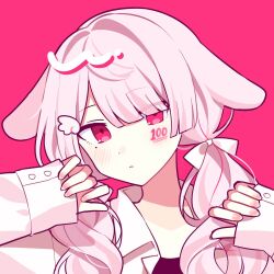 Rule 34 | 1girl, blush, jacket, long hair, open clothes, open jacket, original, pink background, pink eyes, pink hair, pink nails, simple background, sleeves past wrists, solo, waka (wk4444), wing hair ornament