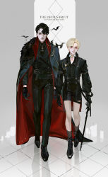 Rule 34 | 2boys, absurdres, aiguillette, animal, anklet, arms at sides, bat (animal), belt, black cape, black footwear, black gloves, black hair, black jacket, black pants, blonde hair, boots, brooch, buttons, cape, character name, closed mouth, collared shirt, cross-laced footwear, detached collar, double-breasted, draco malfoy, english text, frown, full body, fur trim, gloves, grey background, grey socks, hair over one eye, harry potter (series), highres, holding, holding wand, jacket, jewelry, lace-up boots, long sleeves, male focus, meerajebt, multiple boys, necklace, pants, puffy long sleeves, puffy sleeves, red eyes, reflective floor, shirt, short hair, shorts, smile, snake, socks, suspender shorts, suspenders, tight clothes, tile floor, tiles, tom marvolo riddle, two-sided cape, two-sided fabric, walking, wand, wavy hair, wizarding world