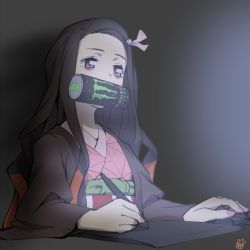 Rule 34 | 1girl, black hair, can, checkered sash, commentary request, drawing tablet, drink can, grey theme, hair ribbon, highres, holding, holding stylus, ishii onkami, japanese clothes, kamado nezuko, kimetsu no yaiba, kimono, long hair, long sleeves, monster energy, mouth hold, pink eyes, pink ribbon, ribbon, soda can, solo, stylus, upper body, wide sleeves