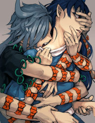Rule 34 | 2girls, arm grab, black shirt, blue hair, blue shirt, bow, commentary request, grey background, hand on another&#039;s chin, hand on another&#039;s face, himemushi momoyo, iizunamaru megumu, imminent bite, long hair, meimaru inuchiyo, multiple girls, open mouth, orange bow, pointy ears, red eyes, shirt, short sleeves, touhou, upper body, yuri