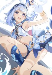 1girl :d bare_legs bare_shoulders blue_hair blue_hairband braid genshin_impact hairband haru_same322 highres long_hair looking_at_viewer midriff mualani_(genshin_impact) open_mouth purple_eyes smile solo thighs unfinished