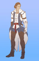 Rule 34 | 1boy, assassin, assassin&#039;s creed, assassin&#039;s creed (series), assassin&#039;s creed iii, blue background, connor kenway, male focus, ponytail, solo, standing, sunny (mnbvjkuy), uniform