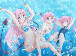 Rule 34 | 3girls, :d, ahoge, air bubble, armpits, arms behind head, arms up, barefoot, bikini, blue one-piece swimsuit, blush, breasts, bubble, cleavage, demon tail, feet, gradient background, green eyes, lala satalin deviluke, len (hand linke), long hair, looking at viewer, medium breasts, momo velia deviluke, multiple girls, nana asta deviluke, navel, one-piece swimsuit, open mouth, pink hair, polka dot, polka dot bikini, polka dot swimsuit, purple eyes, school swimsuit, short hair, siblings, side-tie bikini bottom, sisters, small breasts, smile, soles, strap gap, striped bikini, striped clothes, swimsuit, tail, to love-ru, twins, twintails, underwater, very long hair, water
