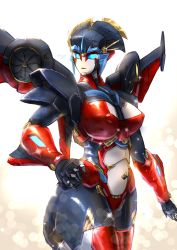 Rule 34 | 1girl, absurdres, airplane wing, autobot, blue eyes, breasts, covered erect nipples, hand on own hip, highres, large breasts, looking to the side, mecha, oberon826, robot, solo, thick thighs, thighs, transformers, windblade