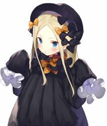 Rule 34 | 1girl, black bow, black dress, black hat, blonde hair, blue eyes, blush, bow, bowler hat, commentary request, dress, fate/grand order, fate (series), gaou (umaiyo puyoman), hair bow, hands in opposite sleeves, hands up, hat, long hair, long sleeves, looking at viewer, multiple hair bows, orange bow, parted bangs, parted lips, polka dot, polka dot bow, sidelocks, simple background, solo, v-shaped eyebrows, very long hair, white background