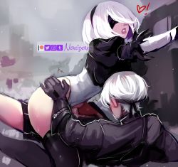 Rule 34 | 1boy, 1girl, black blindfold, black thighhighs, blindfold, clothed sex, clothing aside, commentary, covered eyes, cowgirl position, english commentary, feather-trimmed sleeves, girl on top, hetero, highres, leotard, leotard aside, nereidere, nier (series), nier:automata, penis, pussy juice, sex, short hair, signature, straddling, thighhighs, thighs, torso grab, uncensored, vaginal, vambraces, watermark, white hair, white leotard, 2b (nier:automata), 9s (nier:automata)