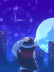 Rule 34 | 1girl, black capelet, black hat, black skirt, blouse, bow, brown hair, building, capelet, clock, commentary, fedora, from behind, full moon, hat, highres, long sleeves, medium hair, moon, nama udon, night, night sky, ribbon, ribbon trim, shirt, skirt, sky, skyscraper, solo, star (sky), starry sky, touhou, usami renko, white bow, white ribbon, white shirt