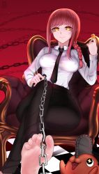 Rule 34 | 1girl, armchair, barefoot, between toes, braid, candy, chain, chainsaw man, chair, covered erect nipples, crossed legs, feet, feet on toy, food, highres, lollipop, long hair, looking at viewer, makima (chainsaw man), necktie, red hair, sitting, smile, soles, toes, yellow eyes