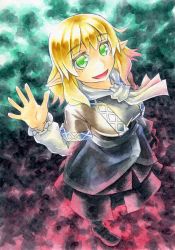 Rule 34 | 1girl, ascot, black skirt, blonde hair, breasts, faux traditional media, frilled sleeves, frills, gradient background, green eyes, highres, kawachi koorogi, large breasts, long sleeves, looking at viewer, looking up, mizuhashi parsee, multicolored background, open hand, pointy ears, shoes, short hair, skirt, skirt set, smile, solo, standing, touhou