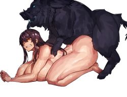 Rule 34 | 1girl, all fours, animal, ass, bestiality, blue eyes, breast press, breasts, brown hair, clenched teeth, doggystyle, drooling, feet, from side, fur, game cg, huge breasts, legs, long hair, melon22, nipples, nude, orange eyes, original, saliva, sex, sex from behind, tail, teeth, thick thighs, thighs, tongue, transparent background, vaginal
