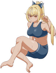 Rule 34 | 1girl, absurdres, adapted costume, alternate costume, bare legs, barefoot, blonde hair, blue shorts, blue tank top, blush, bow, breasts, collarbone, commentary, crop top, dark-skinned female, dark skin, eyes visible through hair, fool iketani, full body, hair between eyes, hair bow, hand in own hair, highres, hololive, invisible chair, large breasts, long hair, looking at viewer, midriff, multicolored hair, navel, pointy ears, ponytail, puckered lips, red eyes, shiranui flare, short shorts, shorts, simple background, sitting, sleeveless, solo, streaked hair, sweat, tank top, thighs, toned, two-tone hair, virtual youtuber, white background, white hair