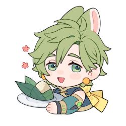 Rule 34 | 1boy, animal ears, chibi, detached sleeves, earrings, flower, food, green eyes, green hair, highres, holding, holding food, holding plate, jewelry, long sleeves, looking at viewer, male focus, muoi40826967, nu carnival, olivine (nu carnival), open mouth, pink flower, plate, rabbit ears, short hair, simple background, smile, white background, zongzi