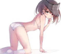 Rule 34 | 10s, 1girl, all fours, ass, bare shoulders, bikini, blush, brown eyes, brown hair, flat ass, flat chest, from side, kantai collection, looking at viewer, ryuujou (kancolle), short hair, socks, solo, sumisu (mondo), swimsuit, twintails, visor cap, white background, white bikini, white socks