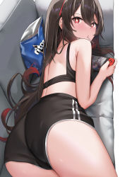 Rule 34 | 1girl, absurdres, alternate costume, ass, ass focus, bare shoulders, blush, bra, breasts, brown hair, cameltoe, from behind, genshin impact, hair between eyes, hair ribbon, highres, hu tao (genshin impact), huge ass, long hair, looking at viewer, looking back, mouth hold, nintendo switch, red eyes, ribbon, shiny skin, short shorts, shorts, sideboob, skai kun, solo, thighs, twintails, underwear, very long hair