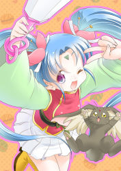 Rule 34 | 1girl, arms up, blue hair, boots, bracelet, chinese clothes, commentary request, facial mark, flower, food, forehead mark, freckles, gohei, hair flower, hair ornament, jewelry, long hair, long sleeves, looking at viewer, macaron, mahou shoujo pretty sammy, masaki sasami jurai, mizuki hitoshi, one eye closed, open mouth, orange background, parted bangs, pink eyes, pleated skirt, rabbit, ryou-ouki, skirt, smile, triangle, twintails, v, wide sleeves, yellow eyes, yellow footwear