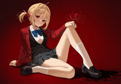 Rule 34 | blonde hair, blue bow, blue bowtie, bow, bowtie, flower, gradient background, grey skirt, highres, jacket, legs, looking at viewer, lycoris recoil, mio-muo1206, nishikigi chisato, plaid, plaid skirt, red background, red eyes, red jacket, school uniform, short hair, skirt, smile, spider lily