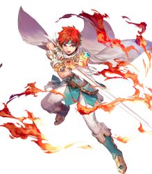 Rule 34 | 1boy, alternate costume, belt, blue eyes, boots, cape, feathers, fingerless gloves, fire, fire emblem, fire emblem: the binding blade, fire emblem heroes, full body, gloves, headband, highres, male focus, nintendo, official art, open mouth, red hair, roy (fire emblem), solo, sword, teeth, transparent background, weapon