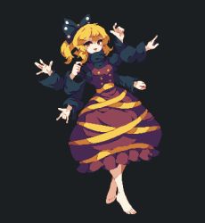 Rule 34 | 1girl, 4qw5, barefoot, black background, black bow, black shirt, blonde hair, bow, brown dress, buttons, commentary request, dress, extra arms, hair bow, kurodani yamame, long sleeves, medium hair, open mouth, pinafore dress, pixel art, ponytail, ribbon, shirt, simple background, sleeveless, sleeveless dress, solo, toes, touhou, turtleneck, yellow eyes, yellow ribbon