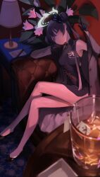 Rule 34 | 1girl, absurdres, ass, bare shoulders, black footwear, black gloves, black hair, blazer, blue archive, breasts, china dress, chinese clothes, crossed legs, cup, double bun, dress, drinking glass, flower, gloves, hair bun, hair ornament, halo, highres, ice, ice cube, jacket, kisaki (blue archive), lamp, leaning to the side, long hair, looking at viewer, medium breasts, purple eyes, seorang, sitting, solo, tray
