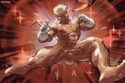 Rule 34 | 1boy, abs, bandages, bara, blaziken, blonde hair, blue eyes, body hair, creatures (company), dark skin, dark-skinned male, dizdoodz, facial hair, fighting stance, full body, game freak, gen 3 pokemon, headband, highres, kicking, large pectorals, looking at viewer, male focus, male pubic hair, muscular, muscular male, navel, nintendo, nipples, nude, pectorals, penis, personification, pokemon, precum, pubic hair, short hair, sideburns, simple background, solo, sparkle, spiked hair, stubble, testicles, thick eyebrows, thick thighs, thighs, uncensored, veins, veiny penis