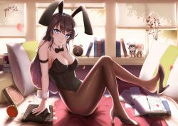 Rule 34 | 10s, absurdres, alarm clock, animal ears, apple, arm support, azusagawa sakuta, bed, black bow, black bowtie, black footwear, black hair, black leotard, black pantyhose, book, bow, bowtie, breasts, character doll, chinese commentary, cleavage, clock, commentary request, detached collar, fake animal ears, feet, food, fruit, full body, hair ornament, hairclip, high heels, highres, huge filesize, leotard, long hair, looking at viewer, medium breasts, pantyhose, pillow, playboy bunny, purple eyes, rabbit ears, sakurajima mai, seishun buta yarou, shoe dangle, signature, sitting, smile, solo, strapless, strapless leotard, window, wrist cuffs, yuber.x