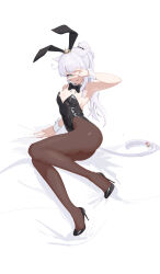 Rule 34 | 1girl, absurdres, animal ears, arm support, arm up, armpits, ass, bare arms, bare shoulders, bed sheet, bell, black footwear, black leotard, blue eyes, blunt bangs, bow, bowtie, breasts, brown pantyhose, cat ears, cat girl, cat tail, cleavage, covered navel, covering one eye, dch6898013, detached collar, facial mark, fake animal ears, final fantasy, final fantasy xiv, full body, high heels, highleg, highleg leotard, highres, jingle bell, legs, leotard, long hair, looking at viewer, miqo&#039;te, open mouth, pantyhose, playboy bunny, ponytail, rabbit ears, simple background, sitting, slit pupils, small breasts, smile, solo, strapless, strapless leotard, tail, tail bell, tail ornament, thighs, tiara, v, warrior of light (ff14), white background, white hair, wrist cuffs, yokozuwari