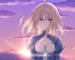 Rule 34 | 1girl, ahoge, artoria pendragon (all), artoria pendragon (fate), blonde hair, blue sky, cleavage cutout, clothing cutout, cloud, cloudy sky, fate/stay night, fate (series), game cg, gradient background, green eyes, hair between eyes, highres, juliet sleeves, long sleeves, looking at viewer, medium hair, nayu tundora, orange sky, parted bangs, puffy sleeves, saber (fate), sky, solo, sunset