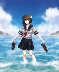 Rule 34 | 1girl, :d, brown eyes, brown hair, cloud, day, flo (guilty hearts), highres, holding, holding shoes, ocean, open mouth, original, outdoors, pleated skirt, school uniform, serafuku, shoes, unworn shoes, short hair, skirt, sky, smile, solo, teeth, wading, water, wet, wet clothes, yuki (flo)