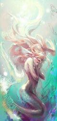 Rule 34 | 1girl, crying, highres, mermaid, monster girl, navel, nude, one piece, pink hair, ponytail, shirahoshi, solo, underwater